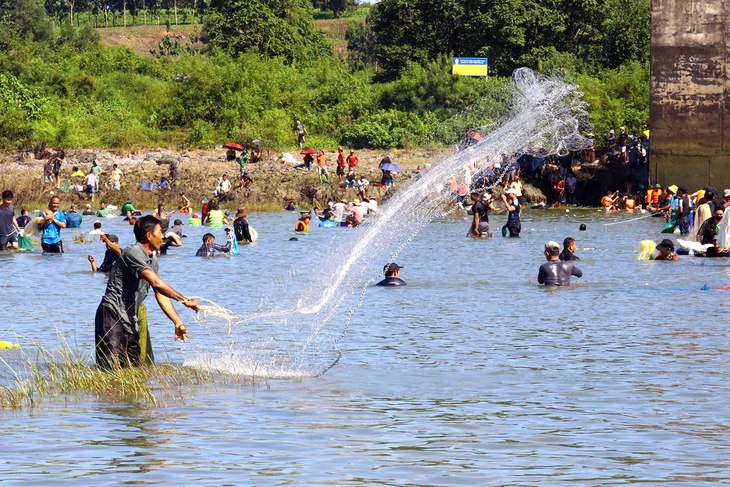 Thủy điện Trị An ngừng xả lũ, dân tranh nhau bắt cá dưới chân đập tràn - Ảnh 3.