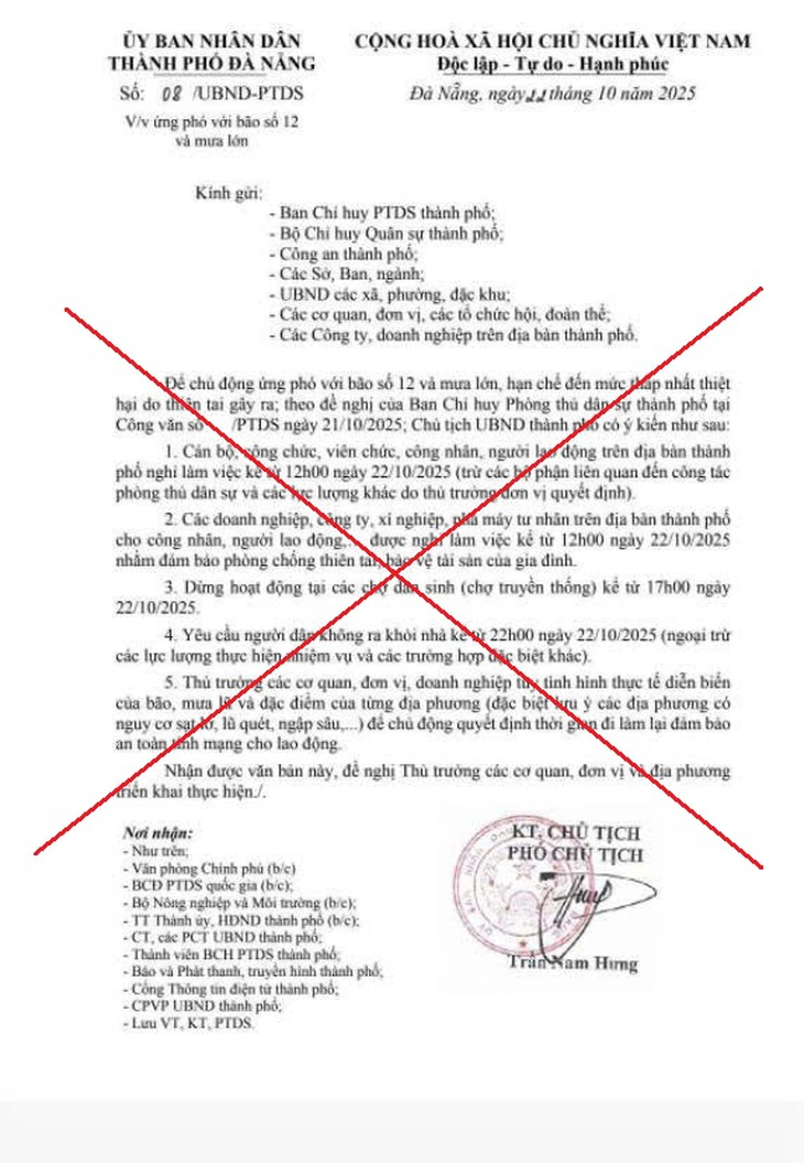 Giả công văn của lãnh đạo Đà Nẵng cho công chức nghỉ việc từ chiều 22-10 tránh bão - Ảnh 1.