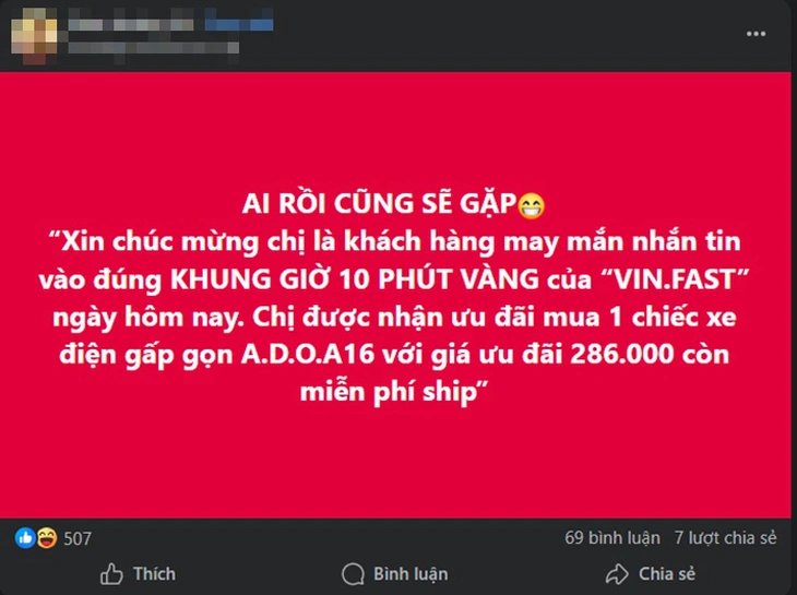 VinFast bác tin bán xe điện gấp gọn giá 286.000 đồng, cảnh báo lừa đảo - Ảnh 1.