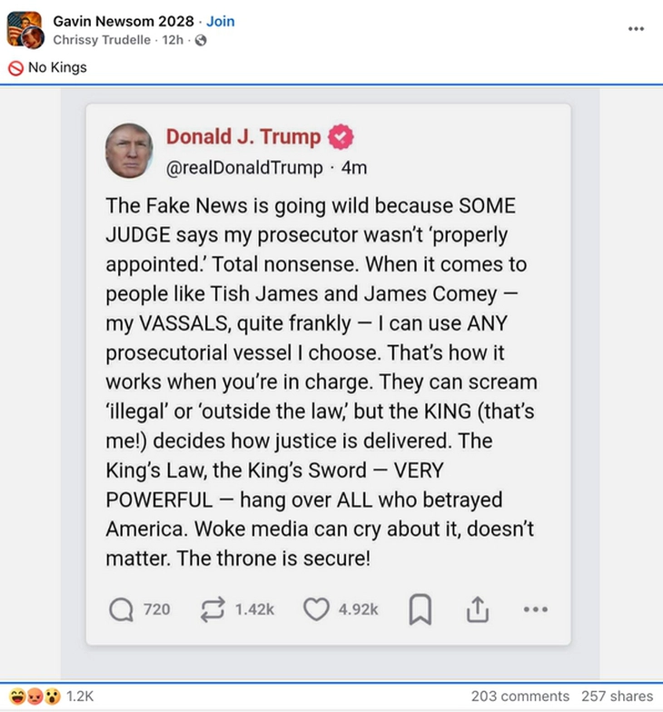 Xuất hiện thông tin giả mạo nói ông Trump tự xưng là 'VUA' - Ảnh 2.