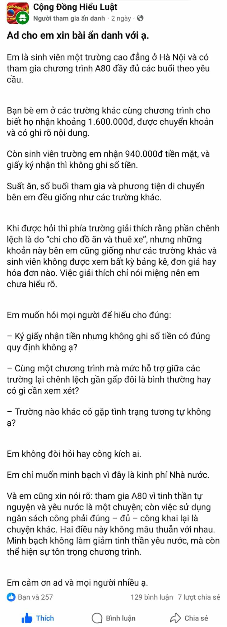 Sinh viên bức xúc vì nhận tiền tập luyện A80 chỉ bằng 1/2 trường khác, nhà trường hứa đối thoại - Ảnh 2.