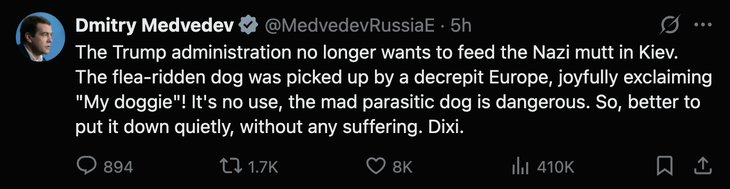 Ông Medvedev ví Ukraine như 'chó đầy ve' bị Nhà Trắng ruồng bỏ - Ảnh 2.