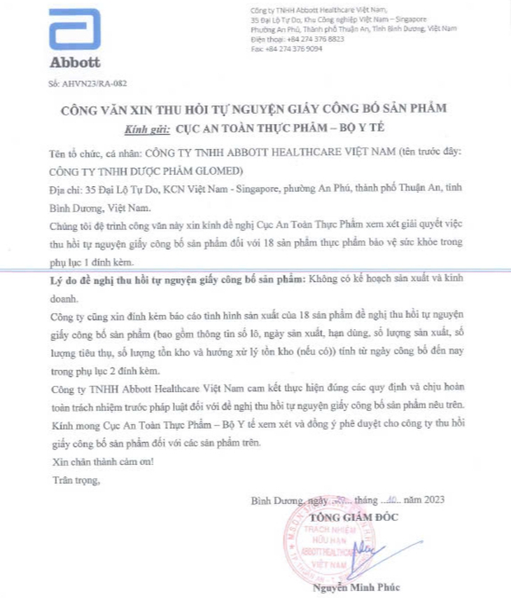 Lý do Abbott Healthcare Việt Nam chủ động thu hồi công bố sản phẩm Lý do Abbott Healthcare Việt Nam chủ động thu hồi công bố sản phẩm