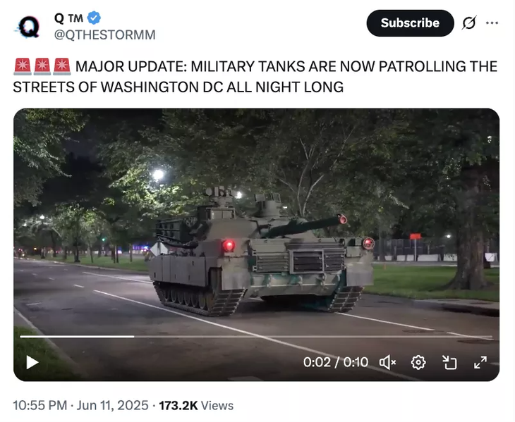 Xe tăng quân đội đi tuần tra ở Washington sau khi kiểm soát Los Angeles? - Ảnh 1.