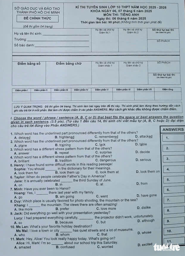 Thí sinh reo vui với đề tiếng Anh thi vào lớp 10 TP.HCM - Ảnh 2.