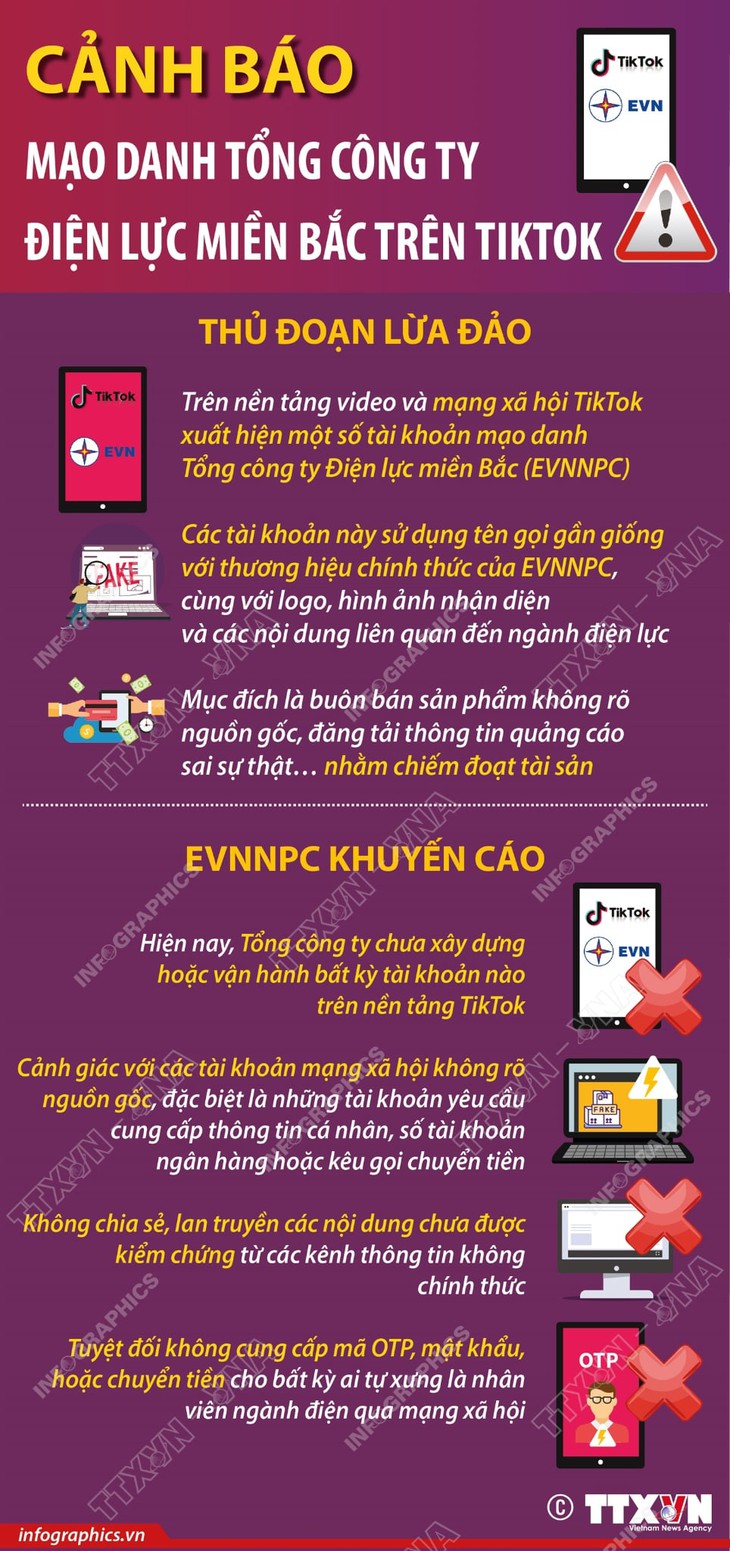 Cảnh báo mạo danh Tổng công ty Điện lực miền Bắc trên TikTok Cảnh báo mạo danh Tổng công ty Điện lực miền Bắc trên TikTok