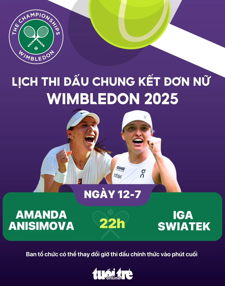 Lịch thi đấu chung kết đơn nữ Wimbledon 2025: Swiatek đấu Anisimova Lịch thi đấu chung kết đơn nữ Wimbledon 2025: Swiatek đấu Anisimova