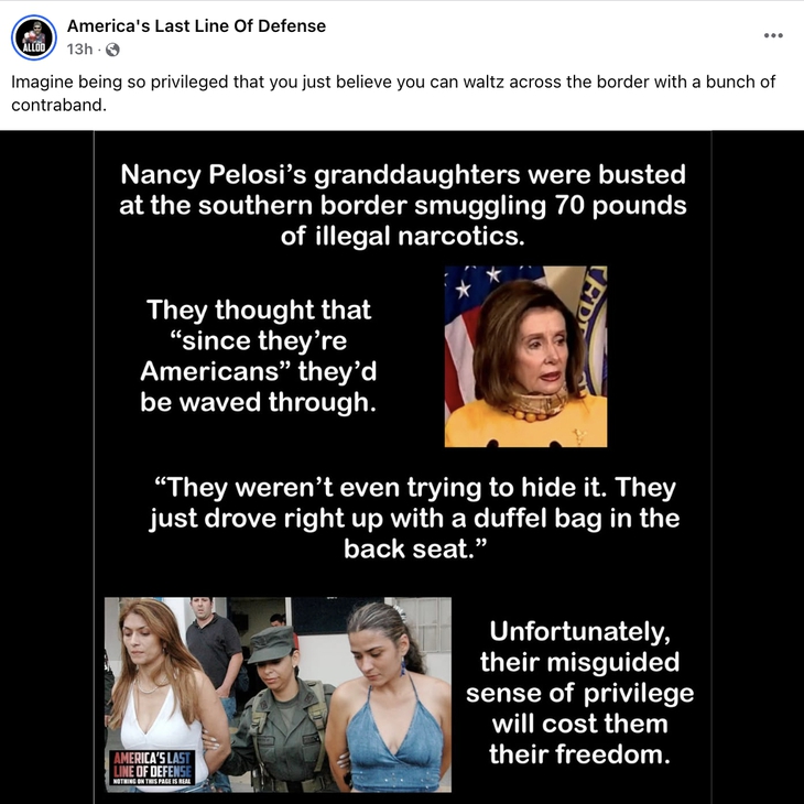 Tin cháu gái cựu chủ tịch Hạ viện Mỹ Nancy Pelosi bị bắt vì buôn ma túy là bịa đặt - Ảnh 1.
