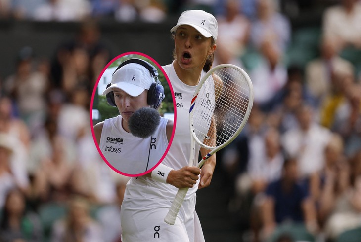 Swiatek gây cười với chiếc micro ‘siêu to khổng lồ’ tại Wimbledon - Ảnh 1.