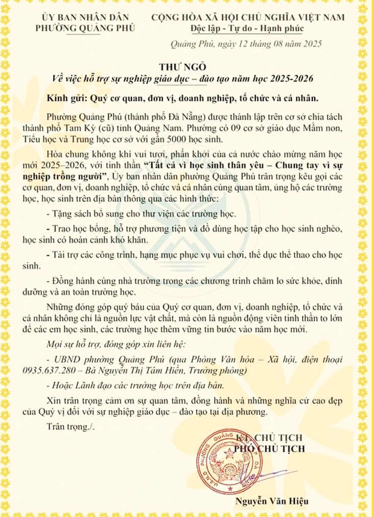 Phường ở Đà Nẵng chủ trương không nhận hoa chúc mừng khai giảng, kêu gọi hỗ trợ học sinh nghèo - Ảnh 1.