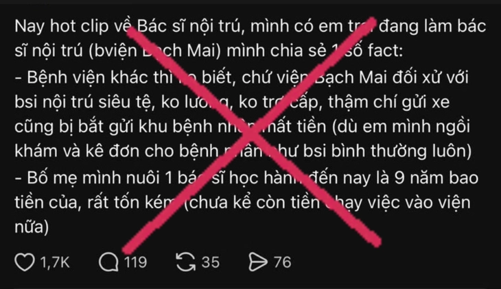 Xử lý người phụ nữ đăng tin sai sự thật 'Bệnh viện Bạch Mai đối xử với bác sĩ nội trú siêu tệ' - Ảnh 2.