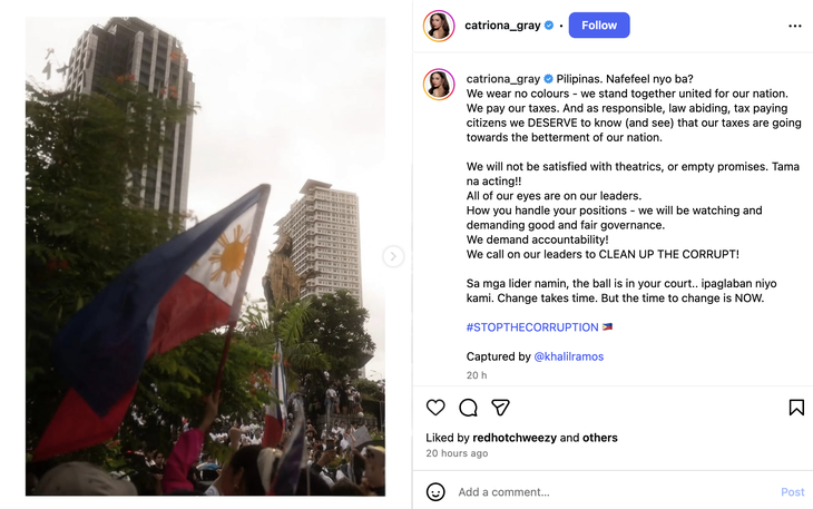 Hoa hậu Hoàn vũ Catriona Gray xuống đường biểu tình chống tham nhũng ở Philippines - Ảnh 2.