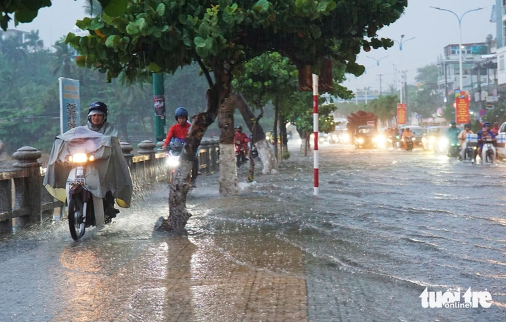 Nhiều tuyến đường ở Nha Trang bị ngập trong cơn mưa lớn, giao thông ùn ứ - Ảnh 4. Đường sá phố biển Nha Trang ngập trong 'biển mưa', xe cộ ùn ứ - Ảnh 4.