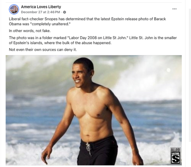 Mạo danh kiểm chứng Snopes, thêu dệt ảnh ổng Obama cởi trần tại đảo tỷ phú ấu dâm Jeffrey Epstein - Ảnh 1. Ảnh ông Obama cởi trần trên đảo của 'tỉ phú ấu dâm' Jeffrey Epstein là giả - Ảnh 1.