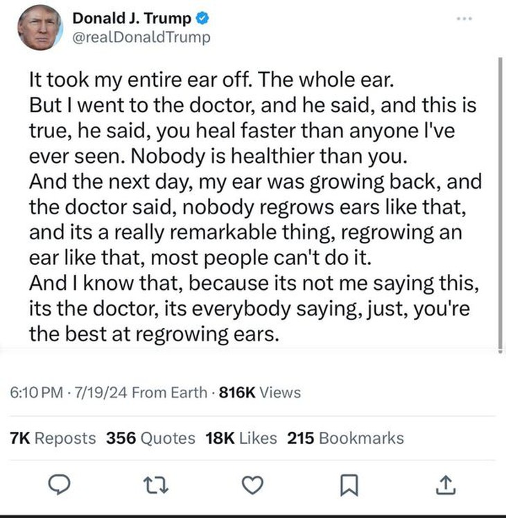 Tổng thống Trump nói tai “tự mọc lại” sau vụ ám sát hụt? - Ảnh 3. Tổng thống Trump - Ảnh 2.