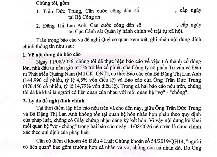 Sau công bố là vợ chồng, hai cổ đông lớn của QNT lại bất ngờ đính chính… không phải - Ảnh 1.
