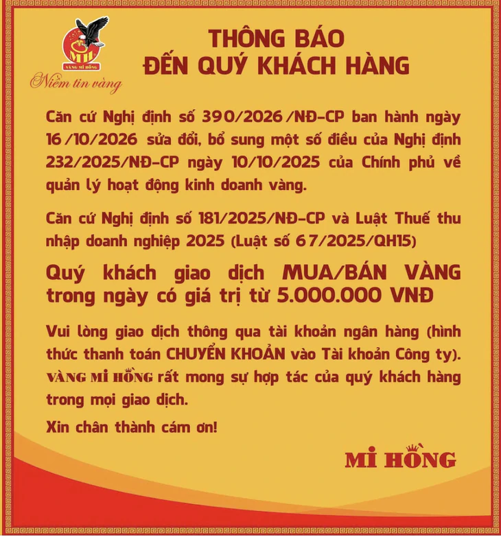 5 tiệm vàng lớn đồng loạt ra thông báo mới, nhiều tiệm không nhận ví điện tử, tài khoản không chính chủ - Ảnh 3.