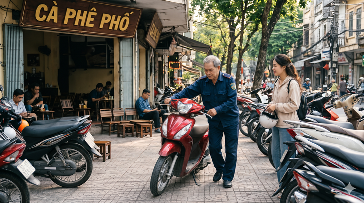 Khách nên tự dắt xe hay để người giữ xe lớn tuổi phải 'hóp bụng' dùng sức khi dắt? - Ảnh 1.
