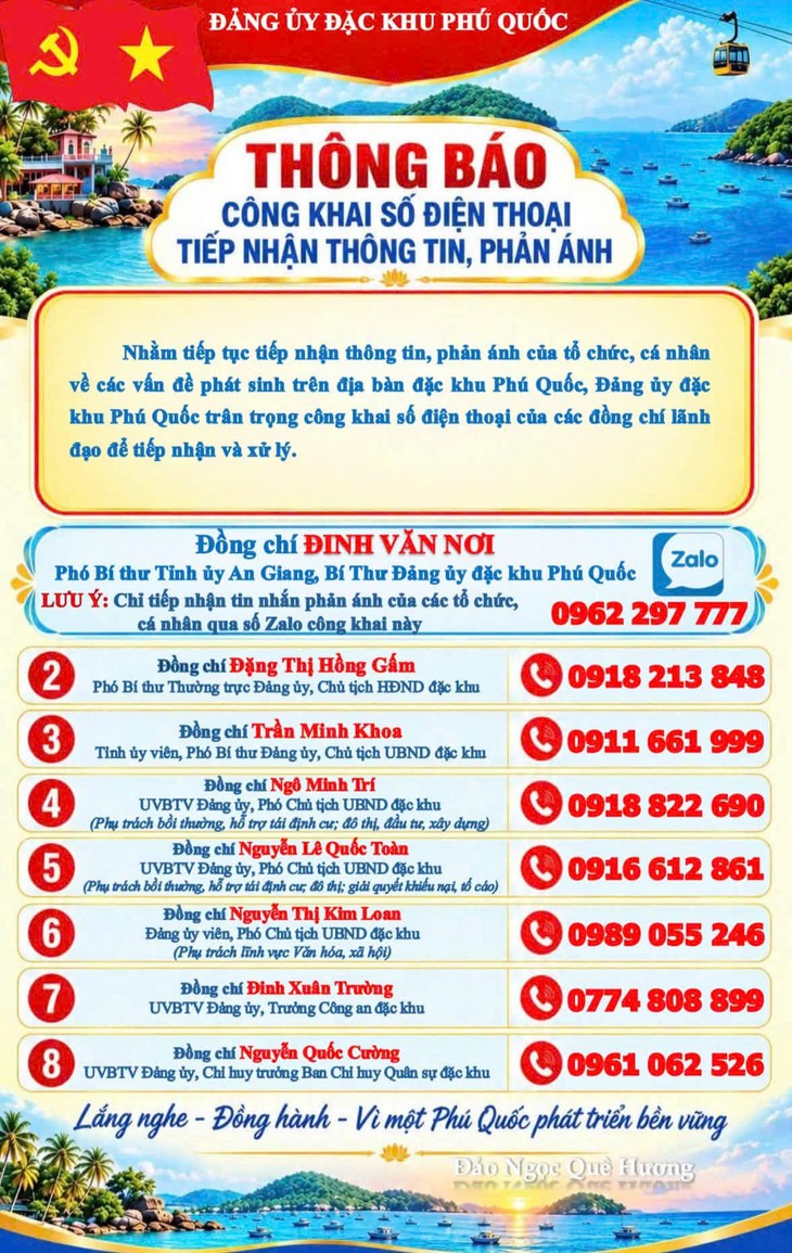Ông Đinh Văn Nơi và lãnh đạo đặc khu Phú Quốc cung cấp số điện thoại để dân gửi phản ánh - Ảnh 2.