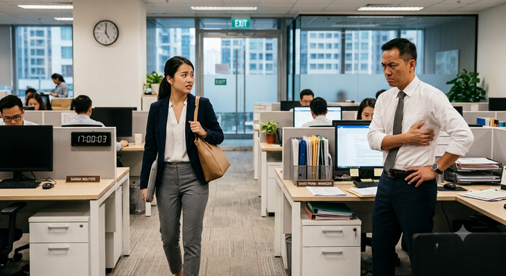 Phòng nhân sự nhắc nhở khi chúng tôi 'đúng giờ về là đứng dậy ra về' - Ảnh 1.