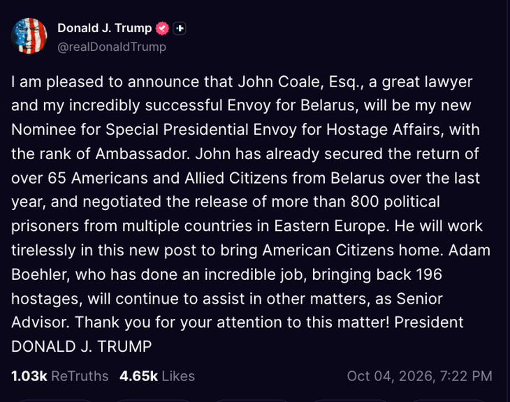 Ông Trump chọn đặc phái viên con tin và 'ông trùm siêu trí tuệ' - Ảnh 2.