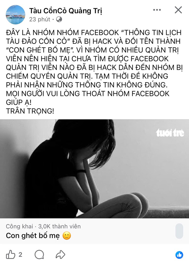 Nhóm Facebook lịch tàu Cồn Cỏ bị chiếm quyền, đổi thành 'Con ghét bố mẹ' - Ảnh 1.