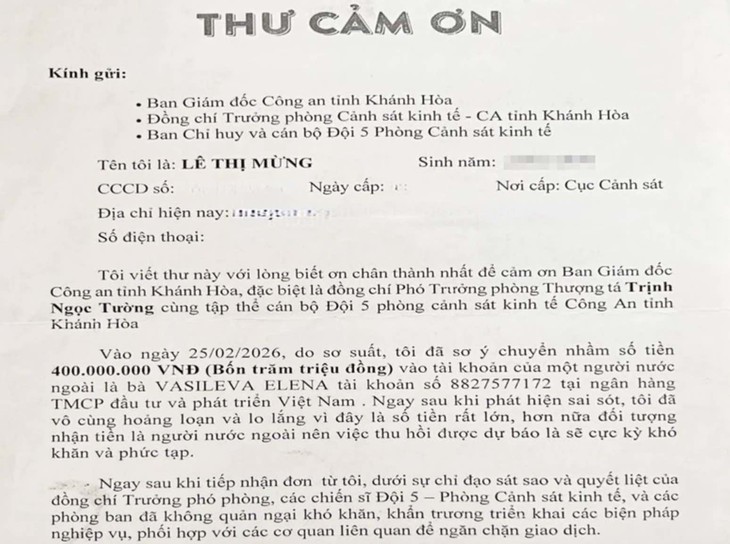 Người phụ nữ nhận lại 400 triệu sau khi chuyển nhầm cho du khách Nga ở Nha Trang - Ảnh 1. Người phụ nữ nhận lại 400 triệu đồng sau khi chuyển nhầm cho du khách Nga ở Nha Trang - Ảnh 1.