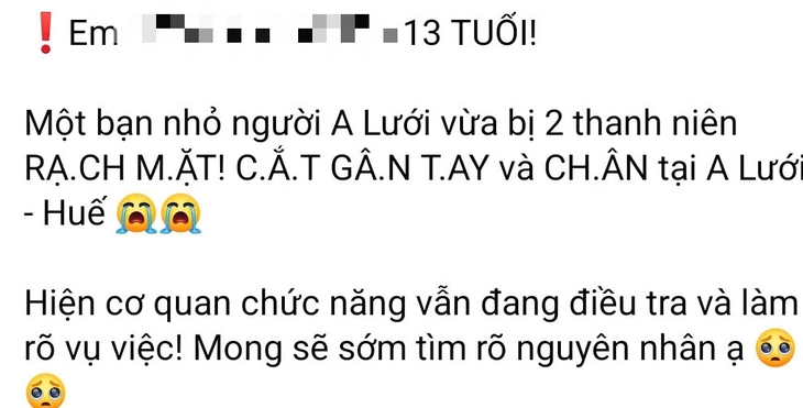 Thông tin thiếu niên 13 tuổi bị rạch mặt, cắt gân tay ở Huế là tin giả - Ảnh 1.