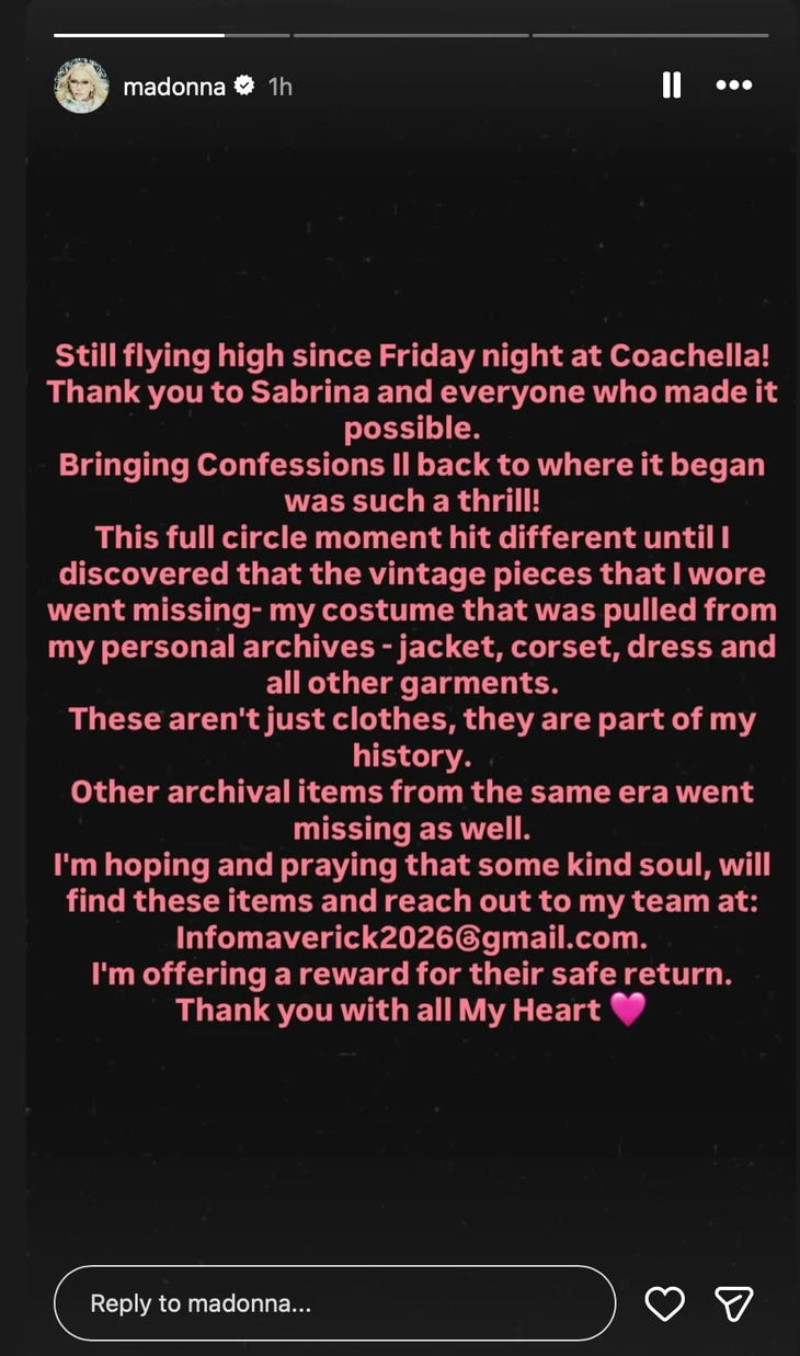 Madonna mất trang phục biểu diễn tại Coachella, treo thưởng tìm lại 'một phần lịch sử' - Ảnh 3.
