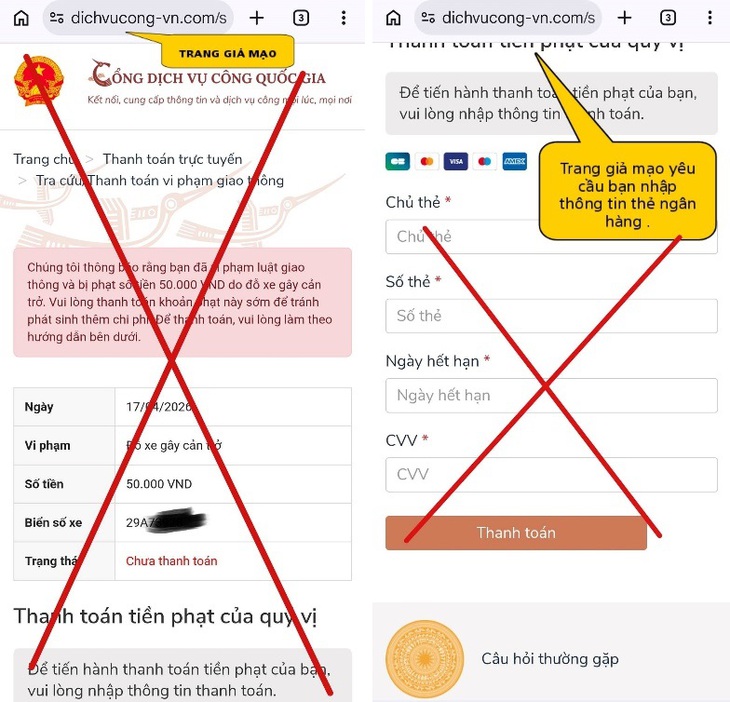 Cảnh báo chiêu lừa 'phạt nguội 50.000 VND' qua website giả dịch vụ công để chiếm thẻ ngân hàng - Ảnh 2.