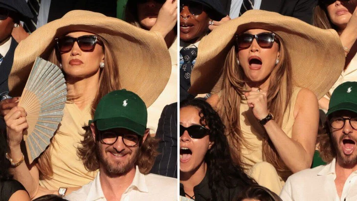 Jennifer Lopez gây tranh cãi ở Wimbledon vì chiếc mũ quá khổ - Ảnh 1.