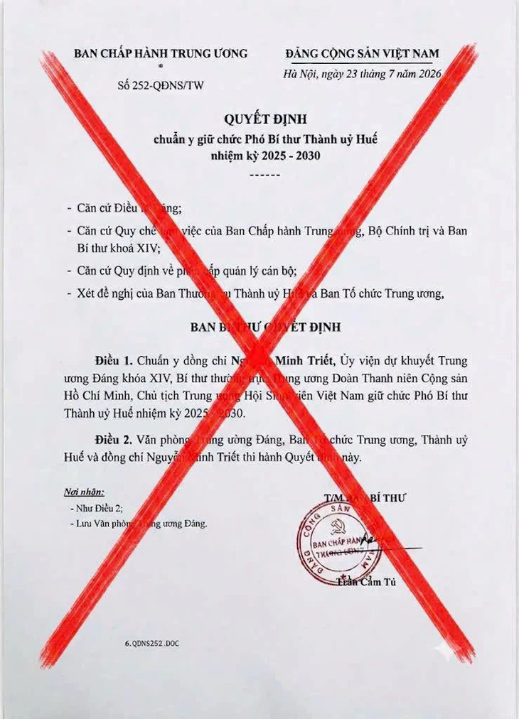 Thông tin Bí thư thường trực Trung ương Đoàn làm Phó bí thư Thành ủy Huế là tin giả - Ảnh 1.
