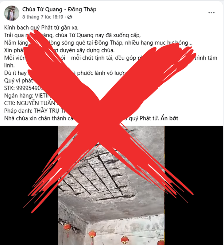 Chùa Từ Quang giả mạo lợi dụng lòng hảo tâm của Phật tử tại Đồng Tháp - Ảnh 1.