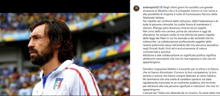 Pirlo viết t&acirc;m thư giải th&iacute;ch, trước nguy cơ kh&ocirc;ng được chọn l&agrave;m HLV trưởng tuyển &Yacute;  - Ảnh 1.