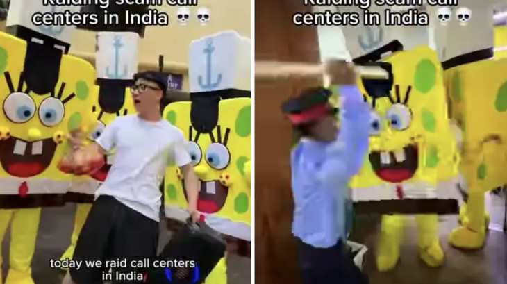 Một YouTuber cùng đội quân SpongeBob 'đột kích' trung tâm lừa đảo - Ảnh 1.