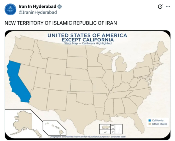 Lãnh sự quán Iran đăng ảnh gọi California là lãnh thổ mới của Tehran - Ảnh 1.
