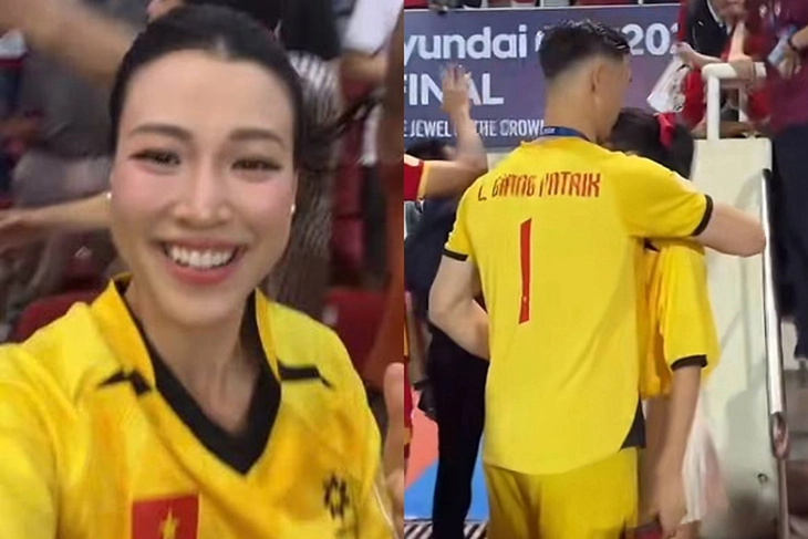 Lê Giang Patrik công khai tình cảm với MC Hoàng Oanh mừng cúp vô địch ASEAN Cup - Ảnh 1.
