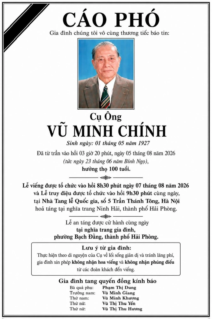 Tin buồn: Cụ ông Vũ Minh Chính từ trần, hưởng thọ 100 tuổi - Ảnh 1.