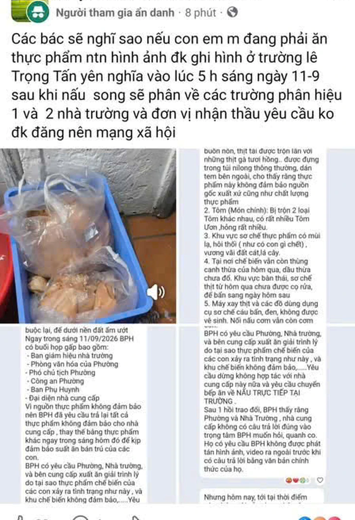 Kiểm tra đột xuất bếp ăn bán trú phát hiện thịt gà có mùi lạ, tôm ươn, nhà trường nói gì? - Ảnh 2.