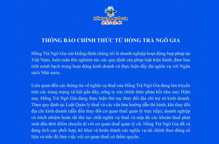 Hồng Trà Ngô Gia nợ thuế hơn 20 tỉ, nói đang thay đổi địa chỉ trụ sở kinh doanh - Ảnh 2.
