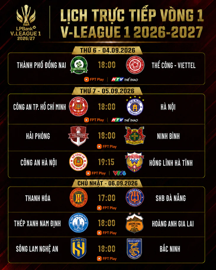 Lịch trực tiếp vòng 1 V-League 2026-2027: Công An TP.HCM đấu Hà Nội - Ảnh 1.
