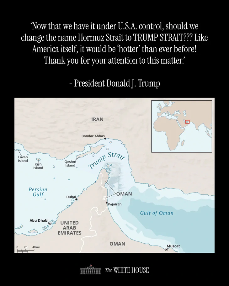 Nhà Trắng đăng bản đồ gọi eo biển Hormuz là 'eo biển Trump' - Ảnh 1.