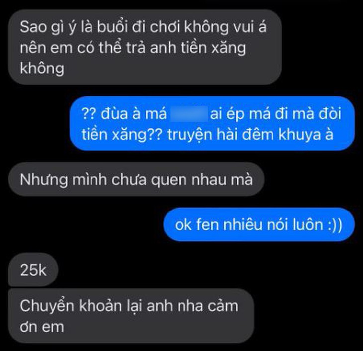 Cô gái bị đòi 25.000 đồng tiền xăng sau buổi hẹn đầu - Ảnh 1.