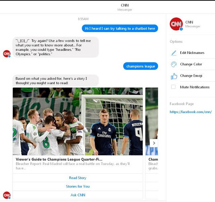 Chat bot của CNN đáp ứng yêu cầu tìm tin tức của người dùng ngay trên Facebook Messenger