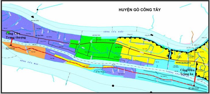 Vị trí đắp đập hồ Cửa Trung. Nguồn: Chi cục Thủy lợi và phòng chống lụt bão tỉnh Tiền Giang