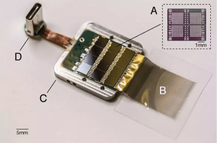 Hệ thống cảm biến. A: bộ xử lý ASIC có khả năng xử lý 256 luồng dữ liệu; B: các sợi paralyne-c; C: vỏ titan; D: kết nối USB Type-C để cung cấp nguồn điện và truyền dữ liệu