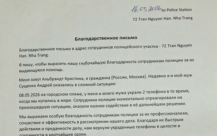 Russian tourists send thank-you letter to police after stolen phones recovered in Vietnam’s Nha Trang