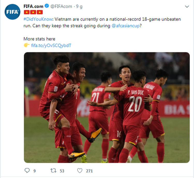 FIFA congratulates Vietnam on 18-game unbeaten streak ahead of Asian Cup opener