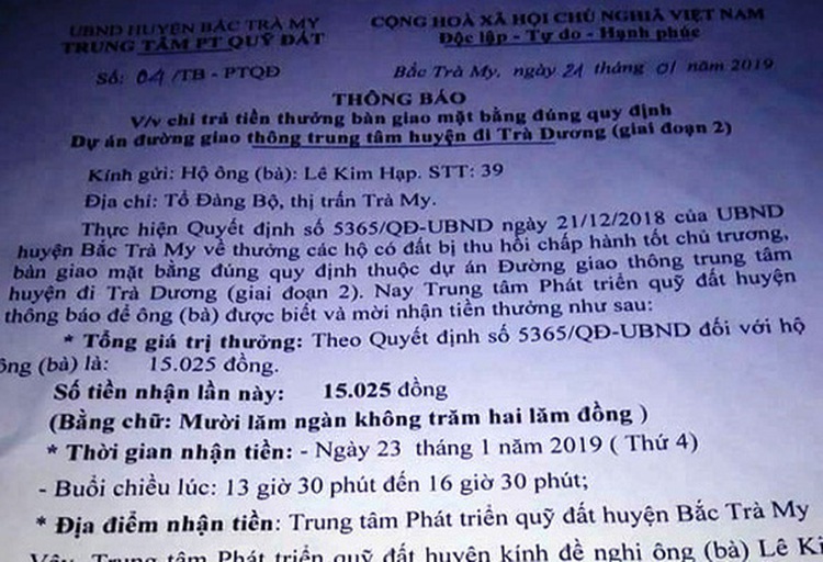 Vietnam family rewarded with $0.65 for good compliance with site clearance order