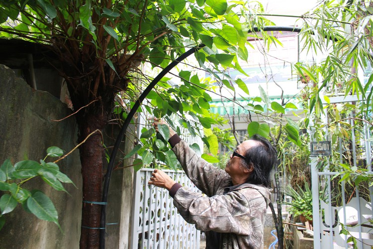 Vietnamese man prints on Bodhi leaf skeletons